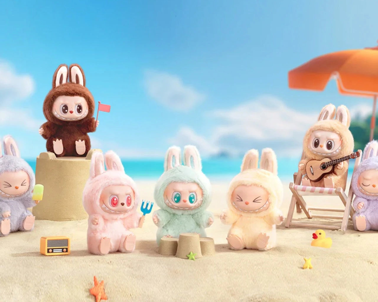 Adorable labubu dolls playing on a sunny beach with sandcastles.