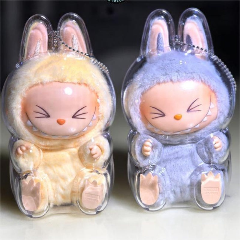 Protective Case - Labubu Doll Protective Case for two plush Labubu dolls in yellow and blue suits. Transparent cover ensures secure display and fit.
